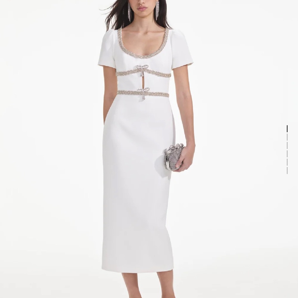Self-Portrait White Diamante Bow Trim Midi Dress - Size 12